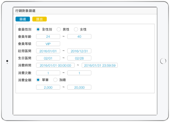 CRM APP 會員大數據分析:透過性別、年齡、分級、星座、消費金額、消費次數等複合條件篩選會員名單